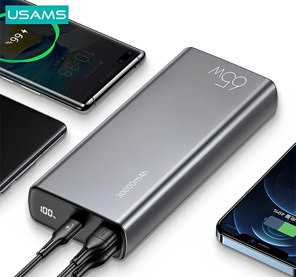 בנק כוח USAMS 30000mAH עם כבל USB-C ל-USB-C, תומך בטעינה מהירה QC3.0 ו-PD