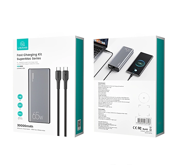 בנק כוח USAMS 30000mAH עם כבל USB-C ל-USB-C, תומך בטעינה מהירה QC3.0 ו-PD